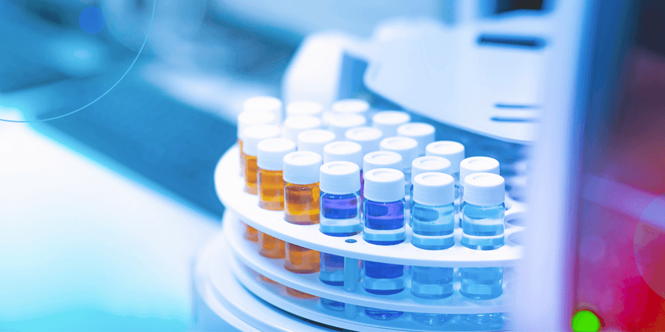 Various colorful liquids stored in a lab