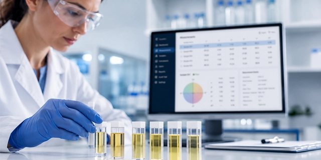Laboratory scientist analyzing liquid samples with a computer data dashboard