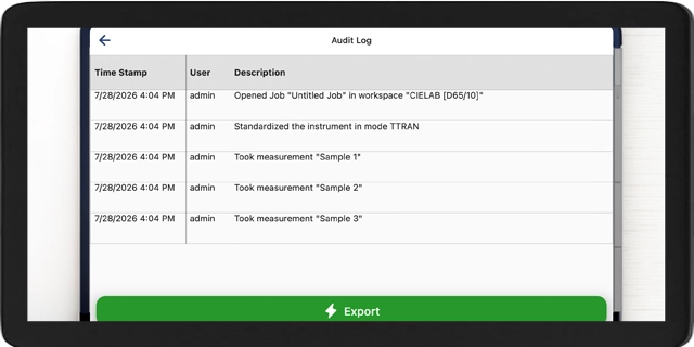 Audit log screen showing time-stamped user activity and instrument actions in a laboratory job workspace