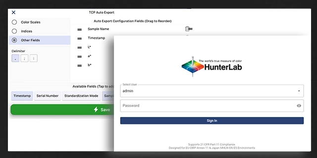 HunterLab Auto Export configuration screen with 21 CFR Part 11 compliant user sign-in and data export settings