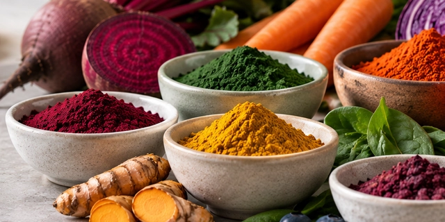 Arrangement of natural food colorants, including bowls of beetroot powder, turmeric, green powder, and red spice, surrounded by freshbeets, carrots, turmeric root, spinach leaves, and other vegetables.