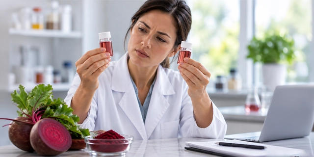 Scientist examines two small vials of red liquid in a laboratory, with beets and beetroot powder on the table beside her.