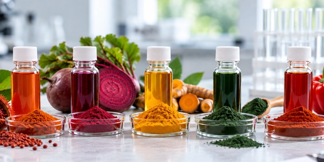 Five bottles of colorful natural food colorants displayed with matching powders, alongside fresh beets, turmeric, leafy greens, and other vegetables in a lab setting.