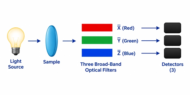Diagram of how a colorimeter works: light source, sample, three broad-band optical filters labeled X red, Y green, Z blue, and three detectors.