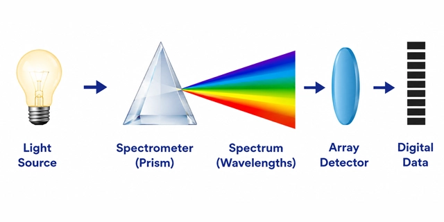 Diagram of a spectrophotometer: light source, prism spectrometer splitting light into a spectrum, array detector, and digital data output.