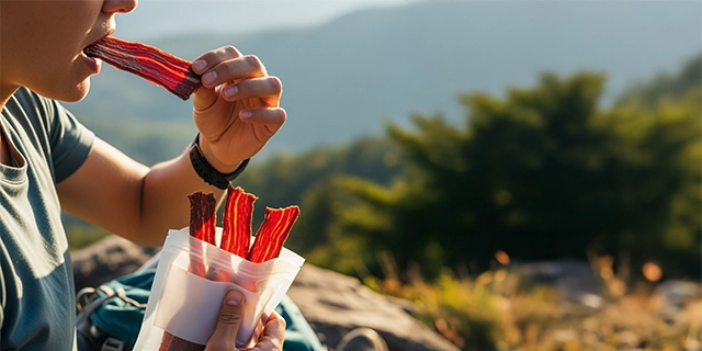 Person eating beef jerky from a bag