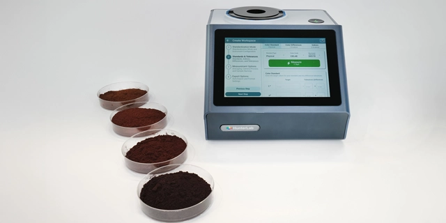 HunterLab's ColorFlex L2 spectrophotometer measuring cocoa powder