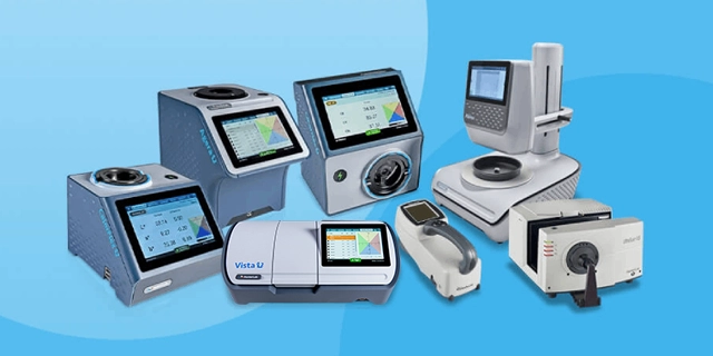 HunterLab spectrophotometer lineup on a blue background, including benchtop, handheld, and non-contact instruments.